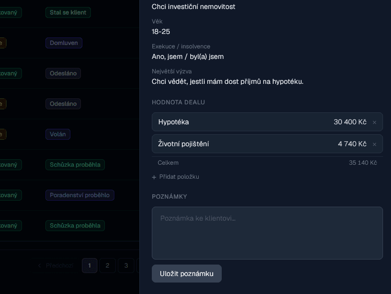 Detail leadu - hodnota dealu a poznámky
